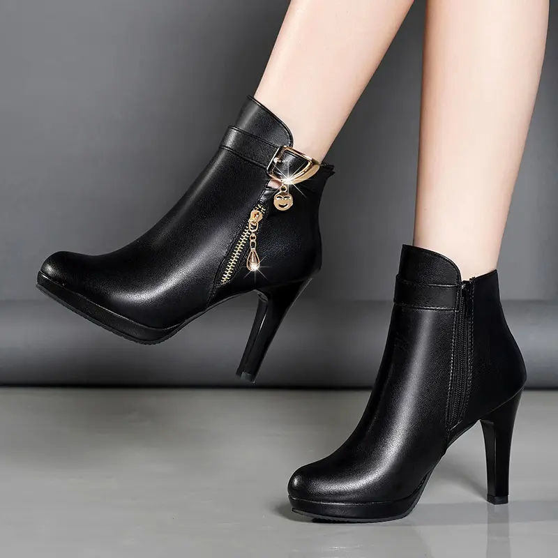 Hot Selling Women's Classic Lace Platform Boots Black Zip-Up Casual Winter Shoes with High Thin Heel for Autumn