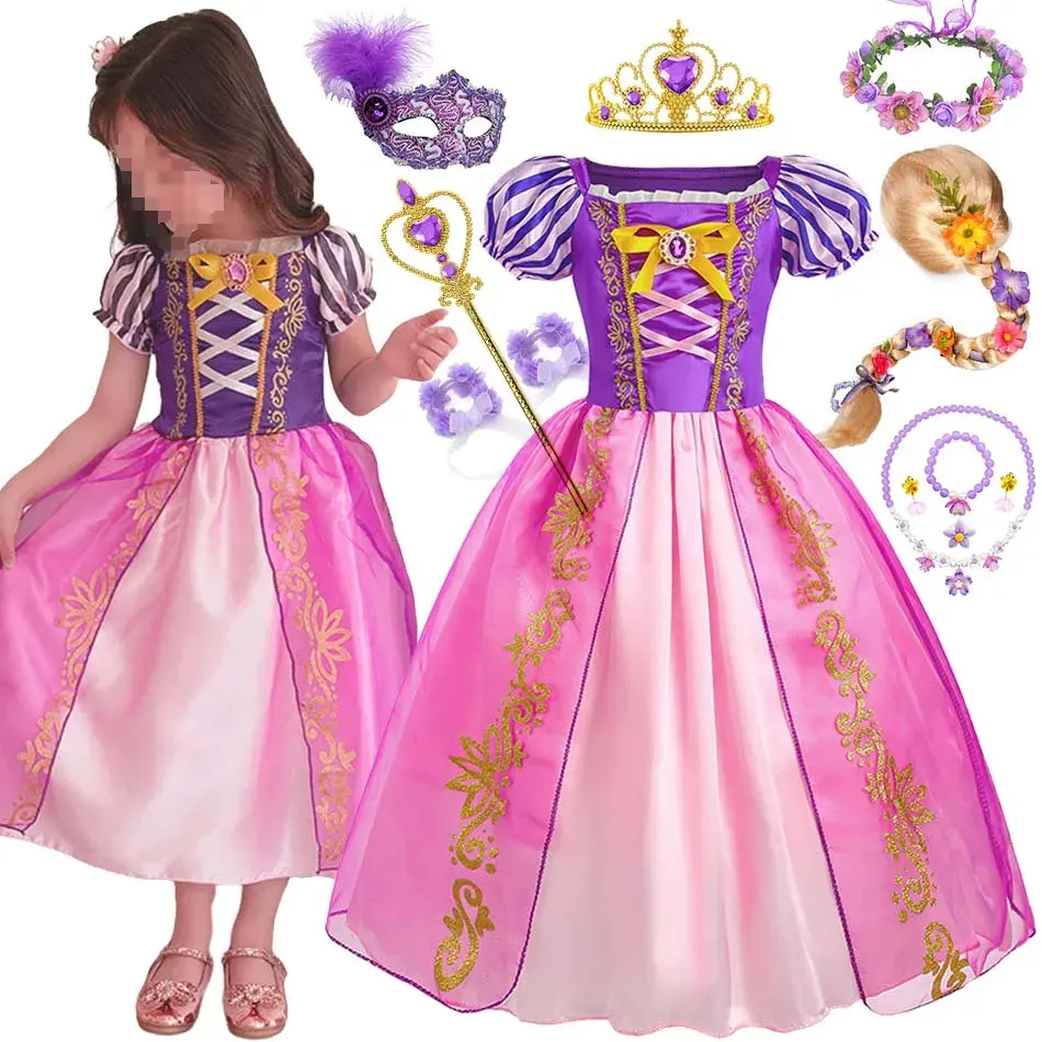 Fantasia de Rapunzel para festa de aniversário, vestido de princesa com cabelo mágico emaranhado, fantasia de carnaval e Halloween, fantasia de dramatização