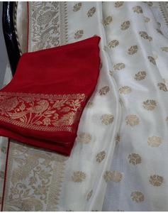 必须购买的节日/婚礼系列纯Banarasi <span class=keywords><strong>Khadi</strong></span>多拉真丝纱丽，配有金色扎里编织和花式流苏