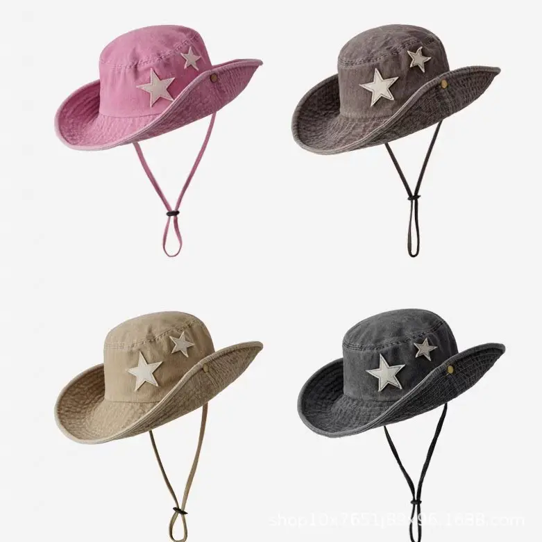 Primavera estate campeggio all'aperto cappelli da pescatore stampati con stelle a cinque punte cappello da pescatore retrò da Cowboy occidentale lavato con spago