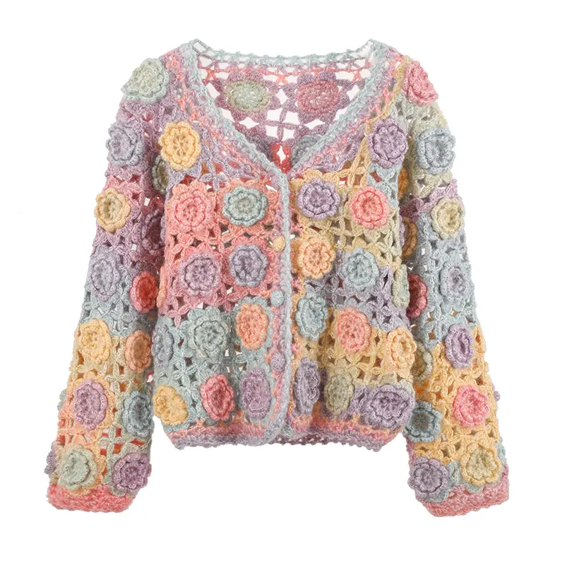 Suéter de punto de manga larga con botones para mujer, cárdigan de punto con gancho de mano y flores, elegante, Color dulce, nuevo diseño de otoño