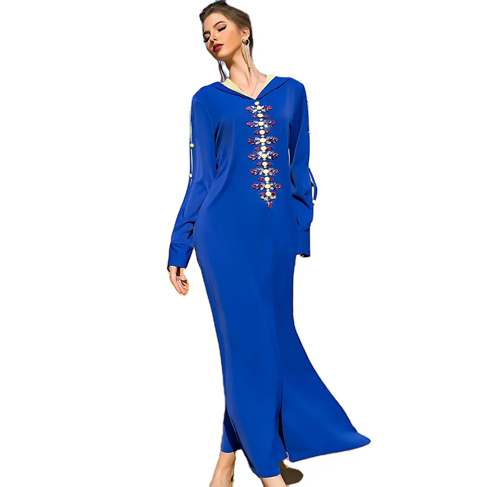 Nouveau design bleu royal vintage élégant ramadan abaya arabe à capuche en diamant robe de soirée pour femmes musulmanes