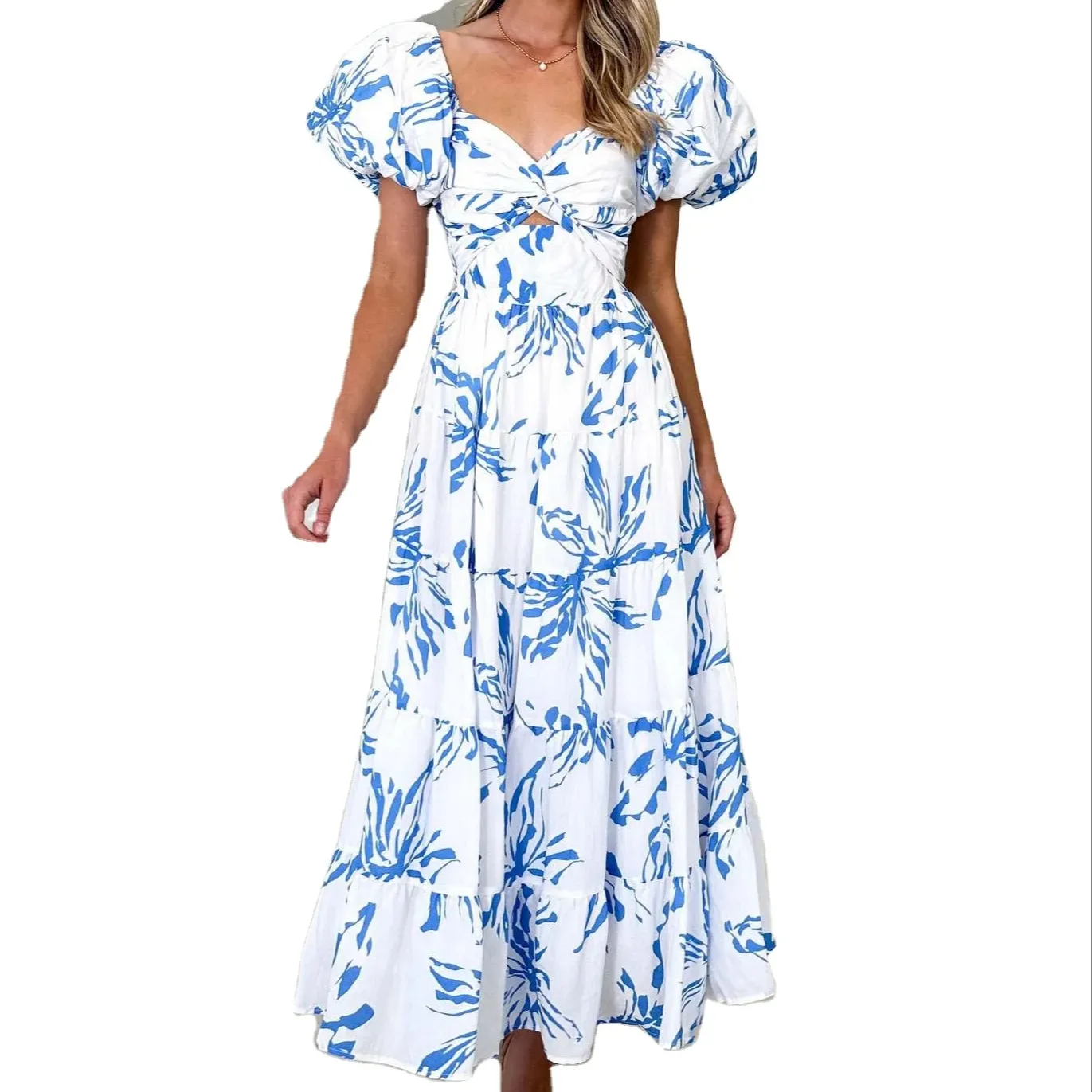 Vestido de algodón personalizado para mujer, vestido ajustado con estampado floral y mangas cortas abullonadas, vestido informal grande Taille femme