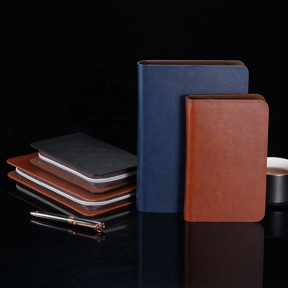 Buku catatan pertemuan Hardcover buku harian antik eksekutif kulit, Binder ritsleting Solid, A6 A5 Notebook 6 lubang Binder cincin