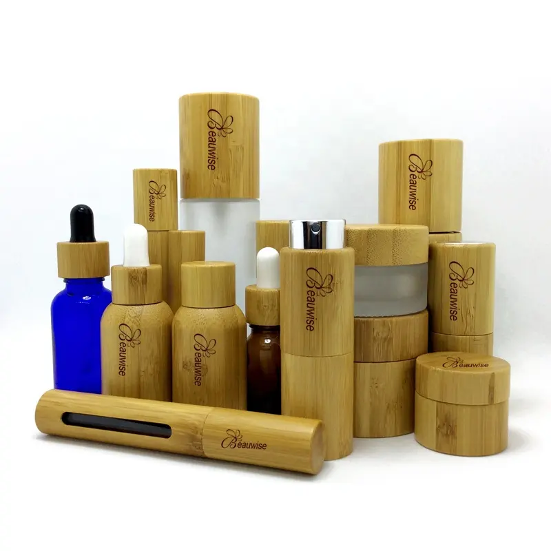 Envase cosmético 30g 50g Tarro de bambú 30M 50ml Botella de vidrio de bambú y juego de cuentagotas de calibración Natural personalizado Todos CE OEM ODM