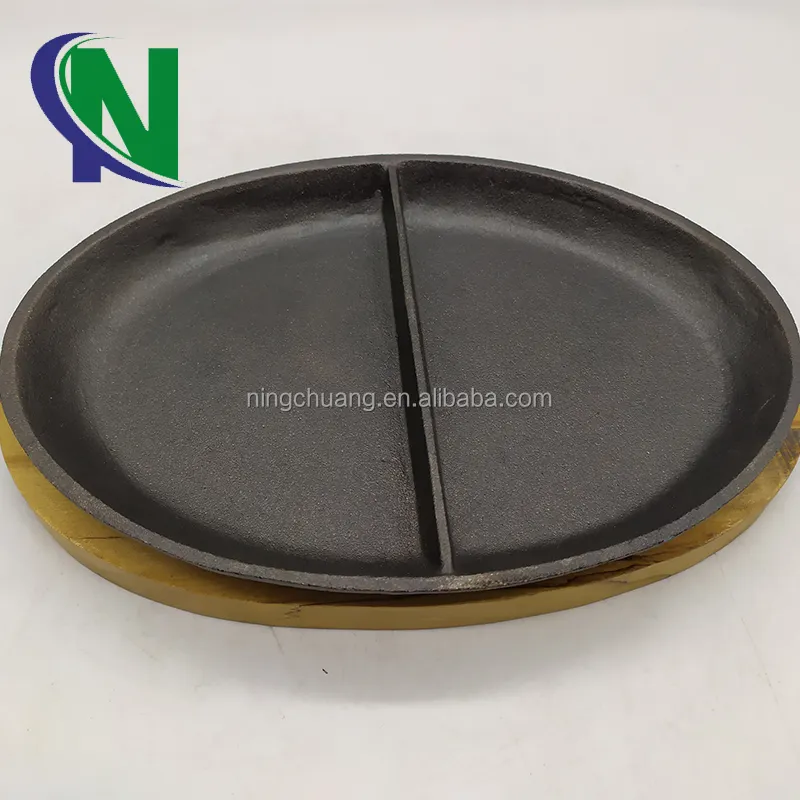 Placa Sizzler de hierro fundido sartén dividida ovalada sin mango