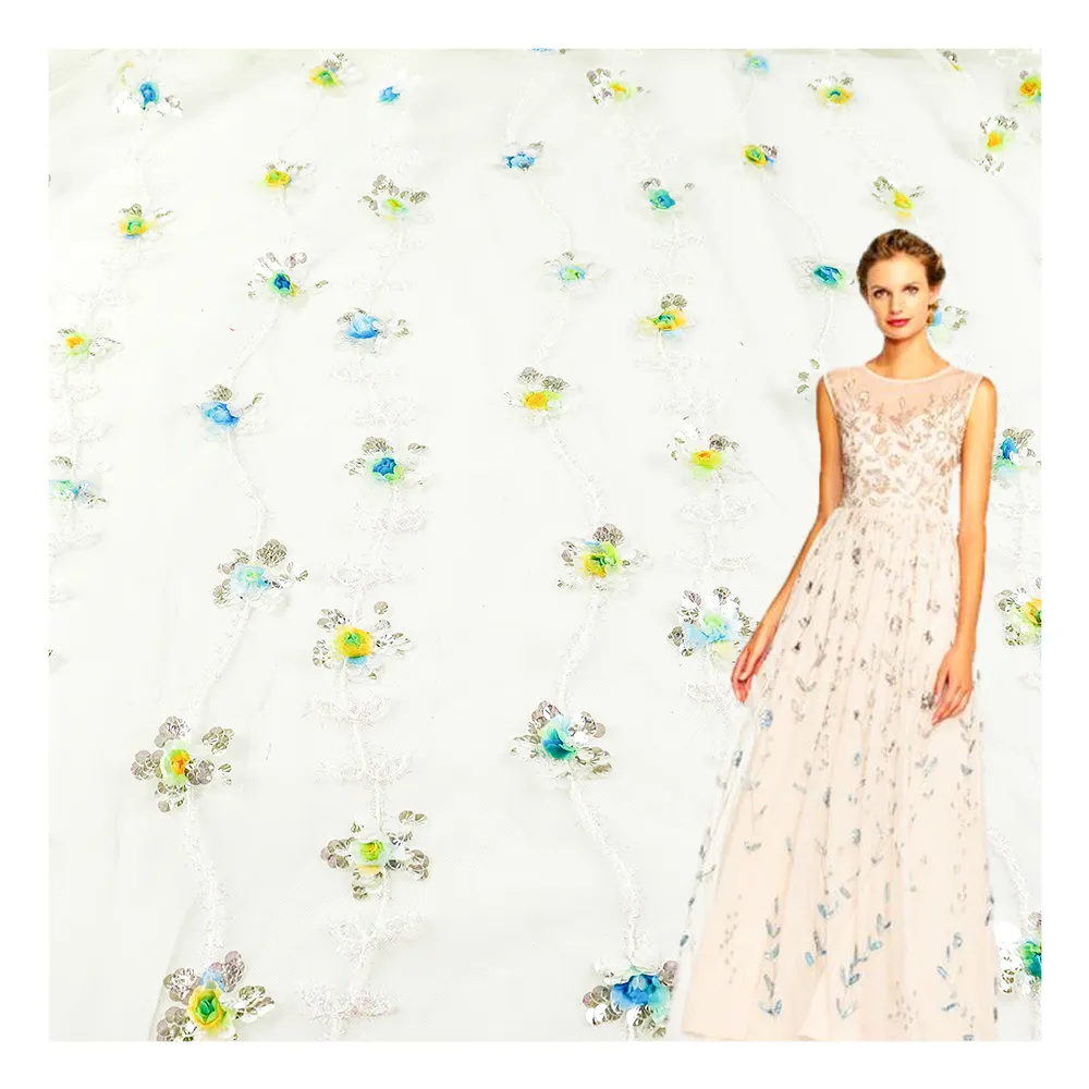 Gran oferta, tela de red de tul con lentejuelas bordadas, tela de encaje de flores 3D para vestido de novia