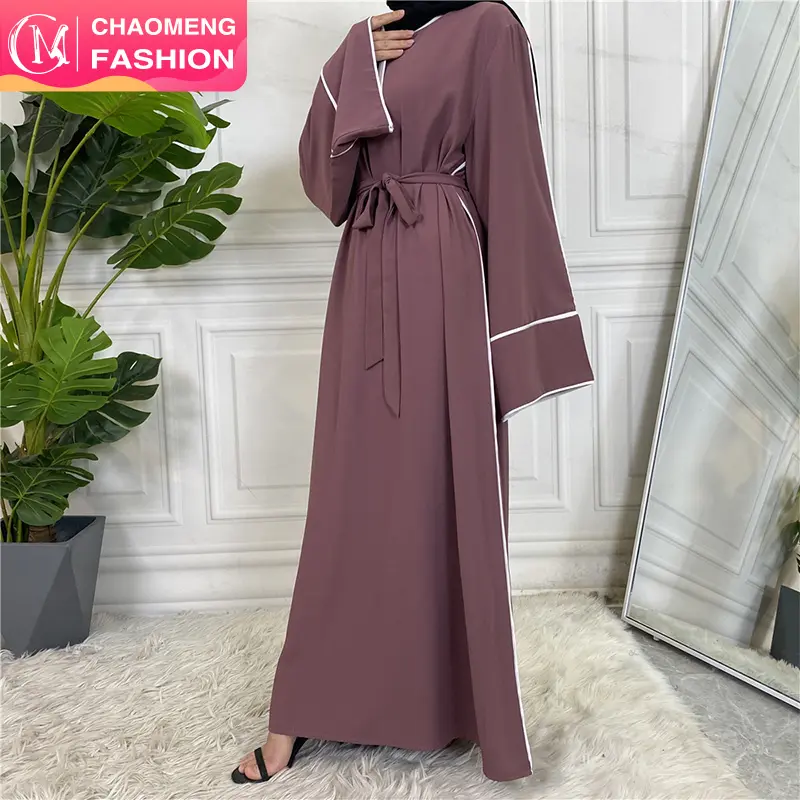 6472 # haute qualité Nida fermé Abaya robe bordure priant Maxi robes femmes musulmanes couleur unie avec blanc entièrement tissé naturel