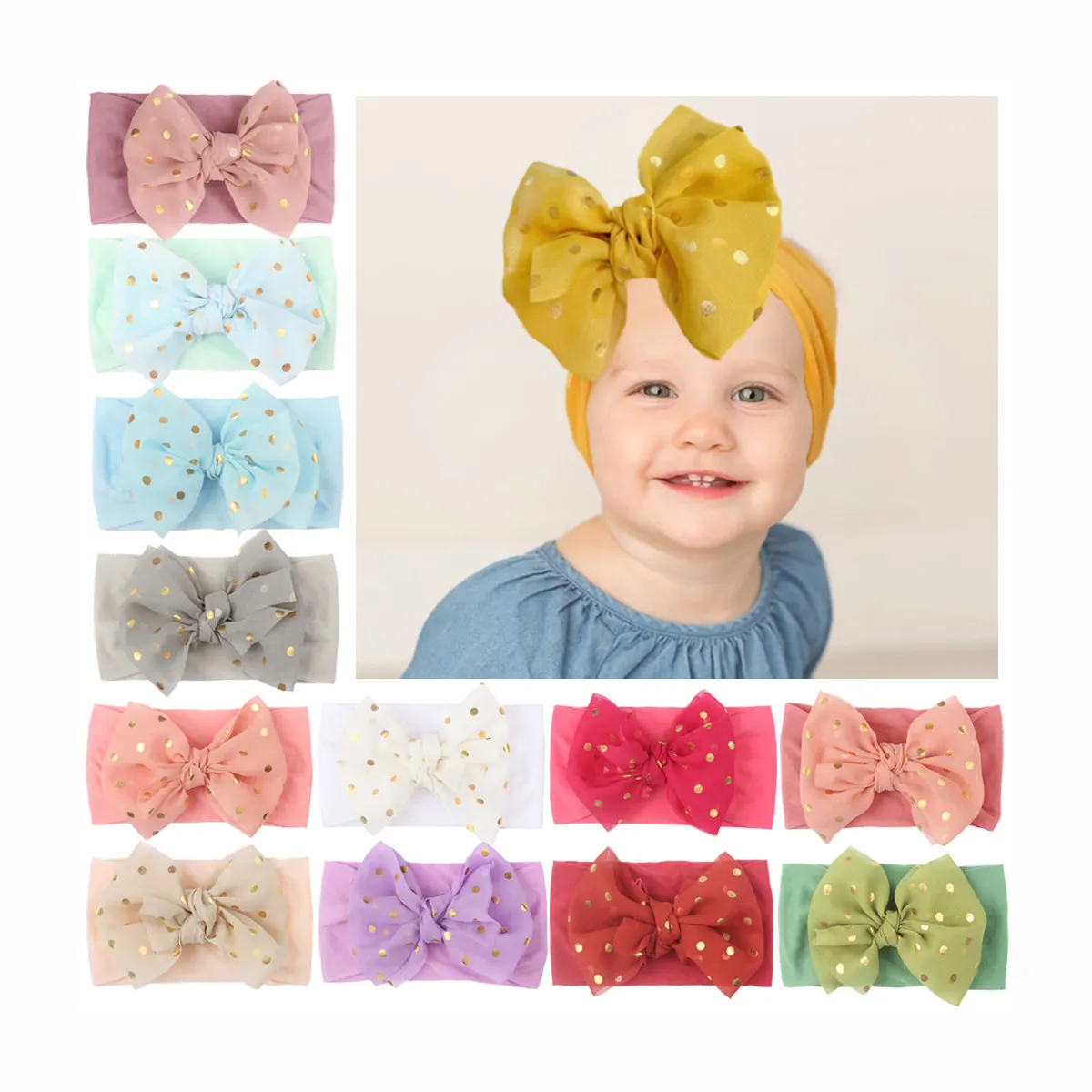 2022 New Design Head Accessories for Babies Wide Headband for Girl Round Golden Dots Nylon Hair Band Turban Headbands for Baby