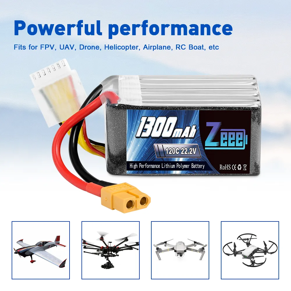 Zeee 6S FPV Lipo Battery 22.2V 1300mAh 120C with XT60 Plug for FPV Racing Drone Quadcopter Helicopter Airplane