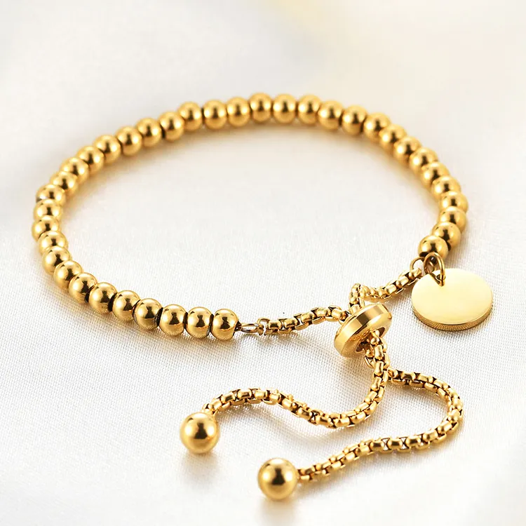 Y008 18k Gold Plated Round Pendant charm jewelry Stainless Steel Round Bead Chain Adjustable Bracelet