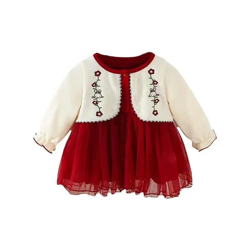 Nueva ropa de bebé primavera nueva niña vestido de bebé falda de princesa moda falda roja de manga larga para niños