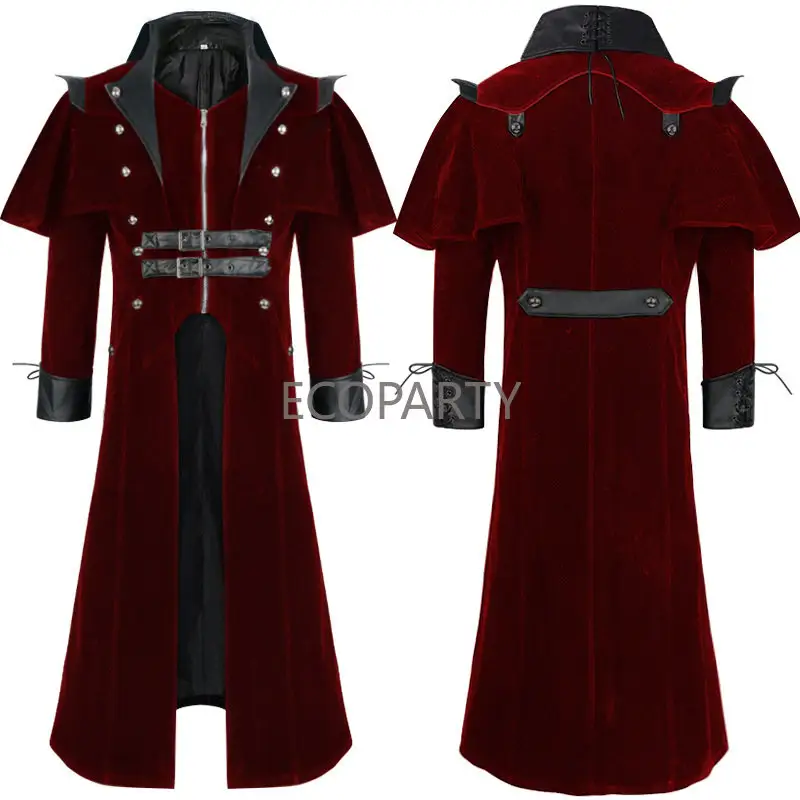 Men Medieval Steampunk Cosplay Costume Victorian Monk Gothic Black Long Coat Vintage Pirate Overcoat S-3XL ecoparty