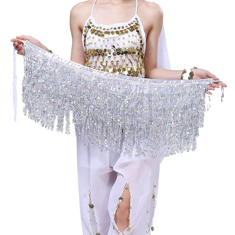 Sparkle Glitter Cowgirl Skirt Belly Dance Hip Fringe Tassel Scarf Sequin Metallic Wrap Belt Rave Costume Halloween for Women