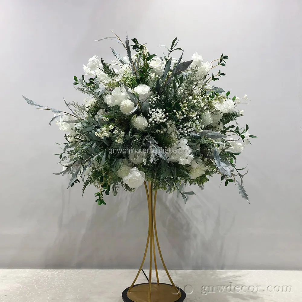 GNW-centro de mesa para boda, Bola de flores de seda con tacto Real, hojas verdes, Rosa Blanca, para escritorio