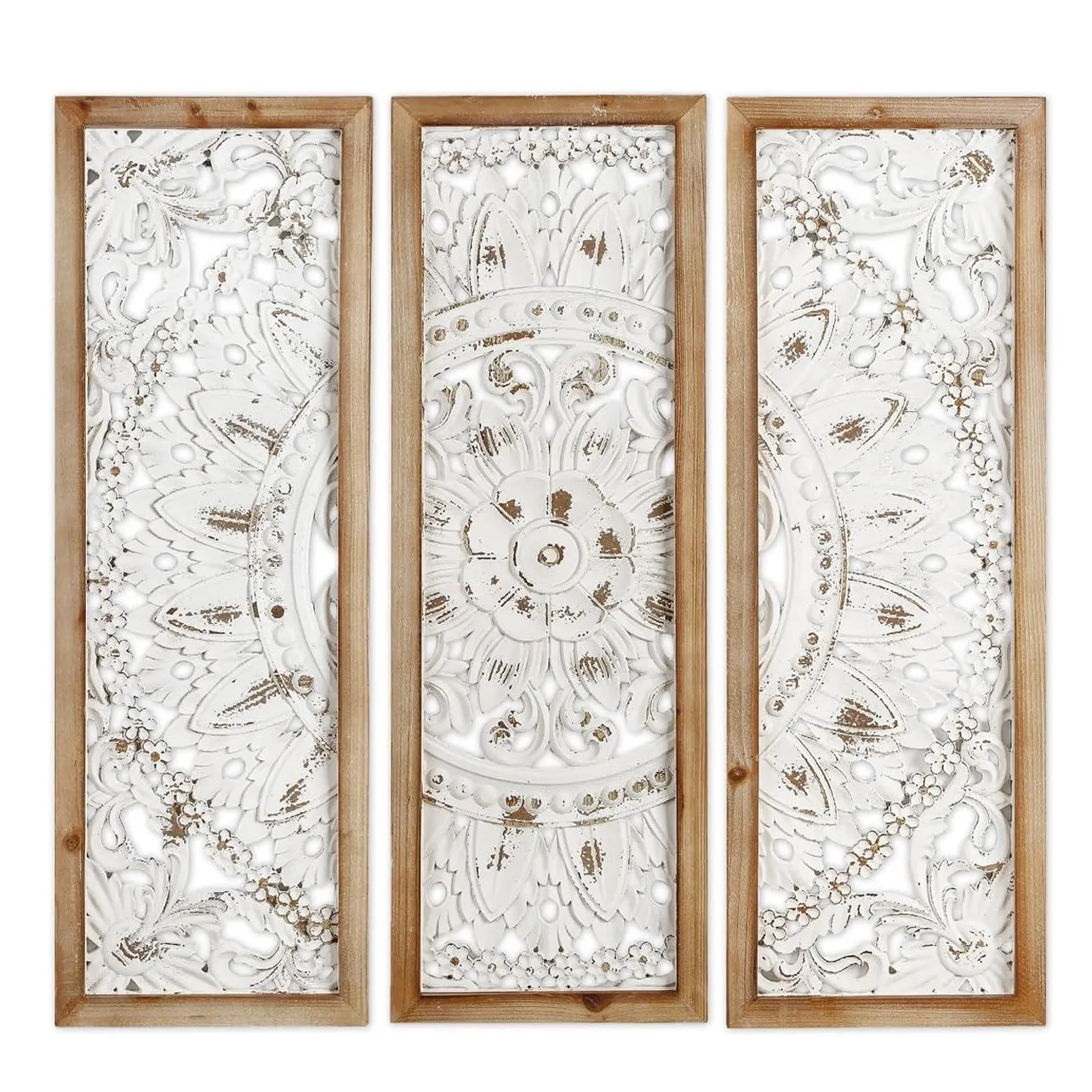 Geschnitzte Holz-Wandkunst-Deko handgeschnitzt auf antiken zerrissenen weißen Platten dekorative Skulptur elegante Holzplatte