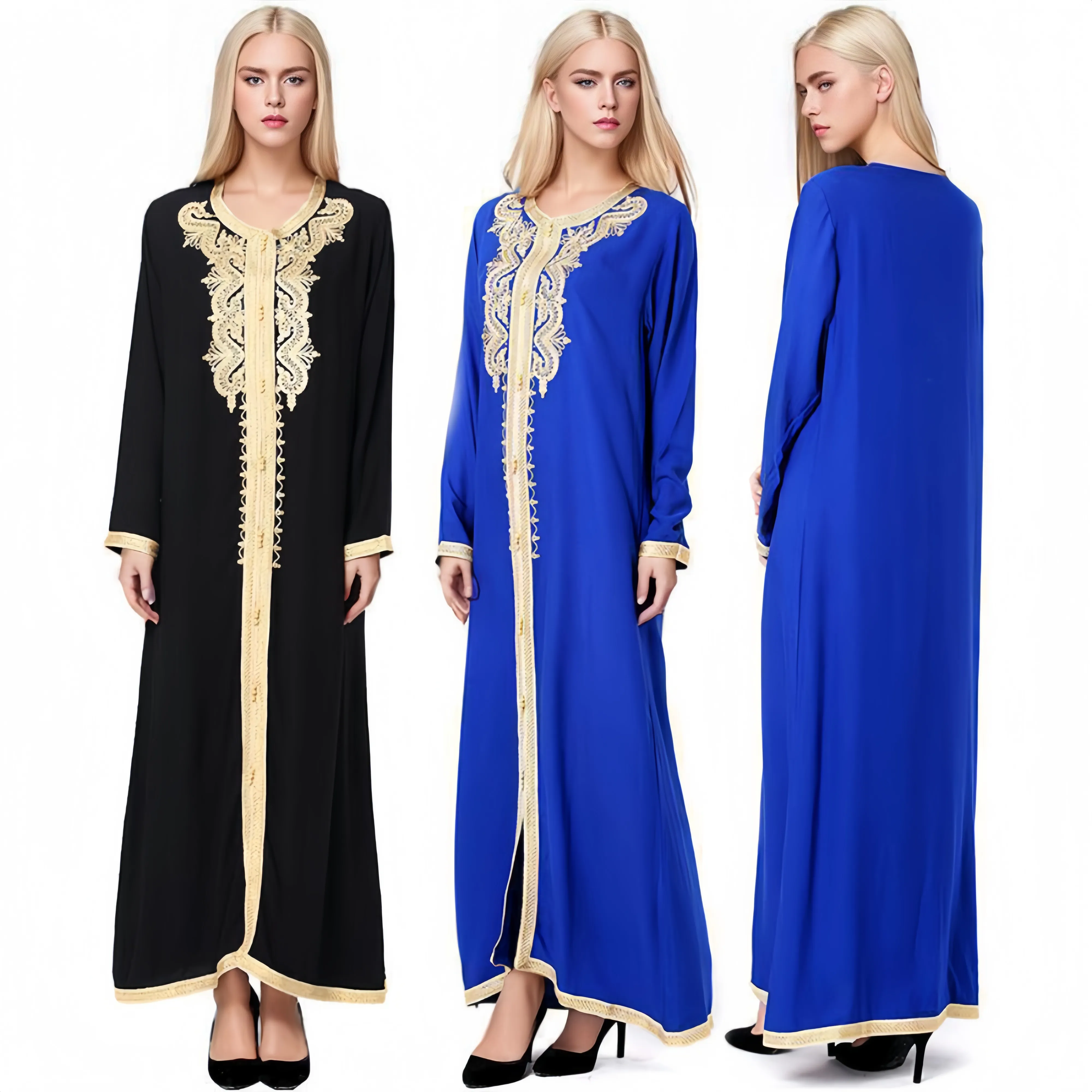 Style moyen-oriental col rond à manches longues robe brodée prière du Ramadan jupe longue pour les musulmans grande taille vêtements islamiques