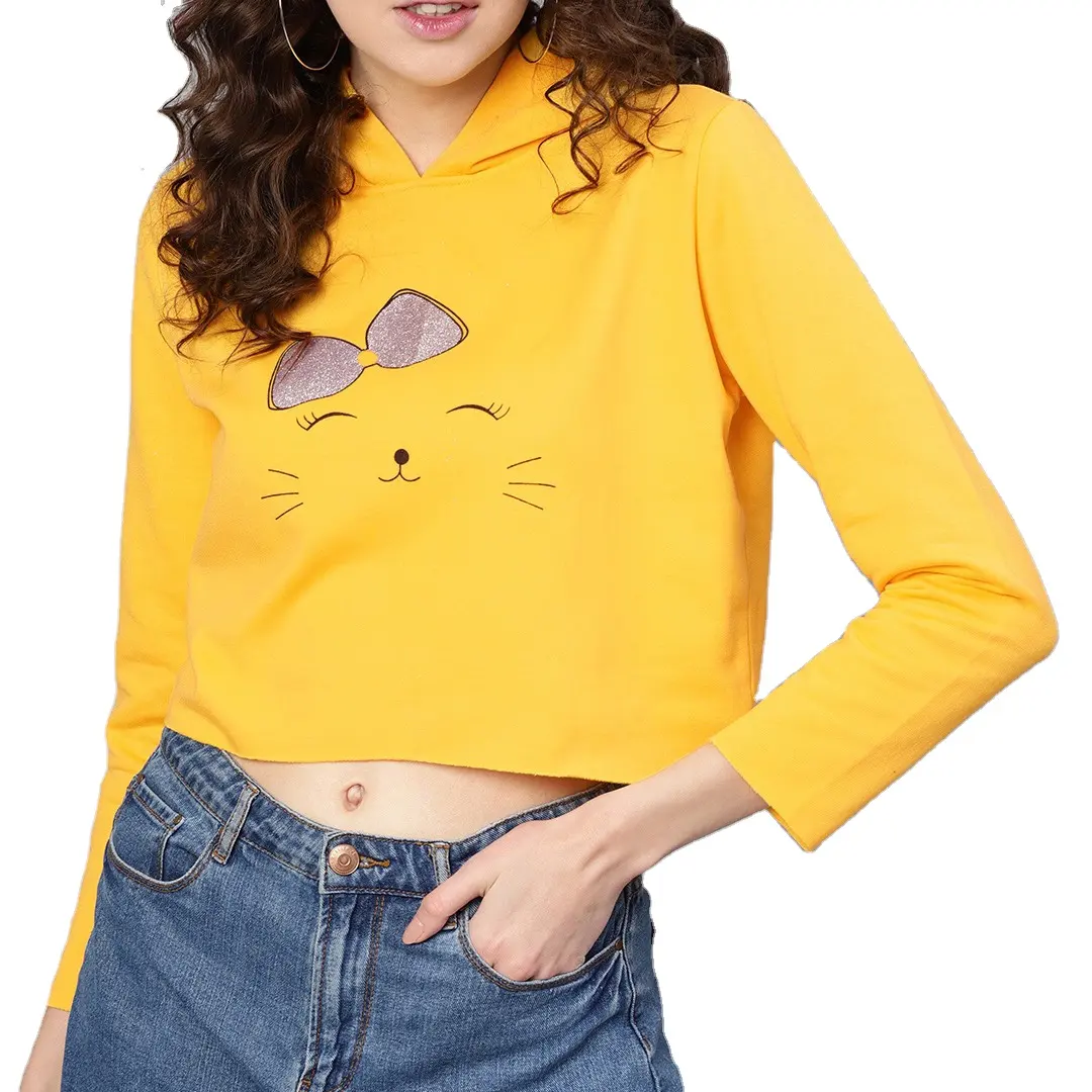 Logotipo personalizado Imprimir hoodies e camisolas das mulheres Elegante Top de colheita Com capuz Meninas Gráfico gato T-shirt Bonito Amarelo Hoodie para a Mulher