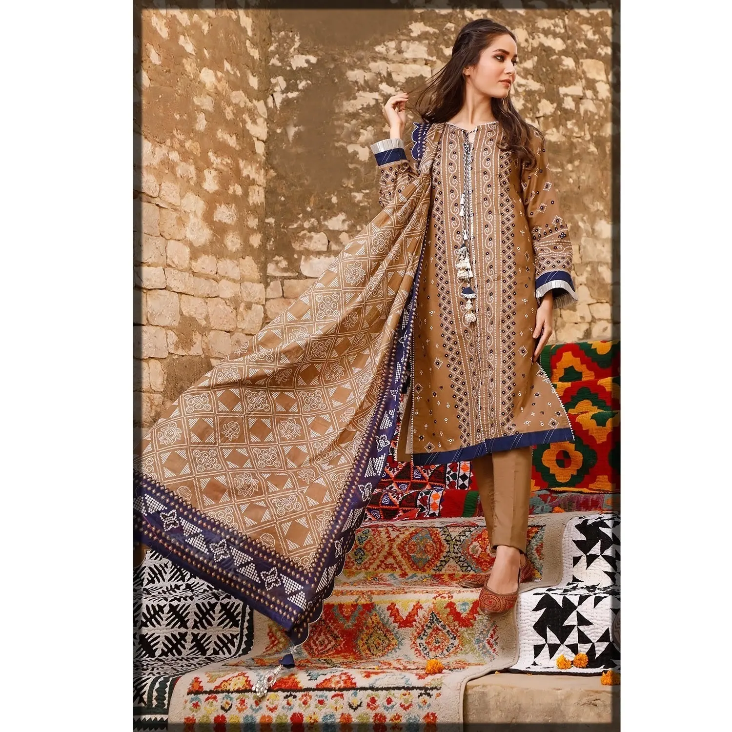 brown and blue beautiful new women dress lawn nice color hot selling Pakistan ladies suit India summer wear