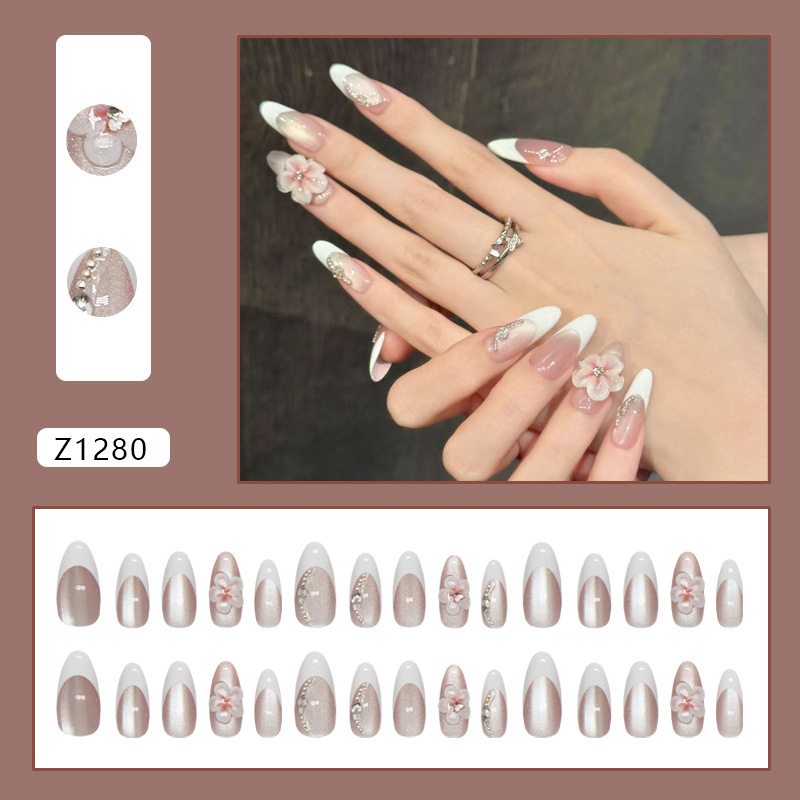 3D Ice Transparent Cat Eye, Floral French Tip, Shining Diamonds