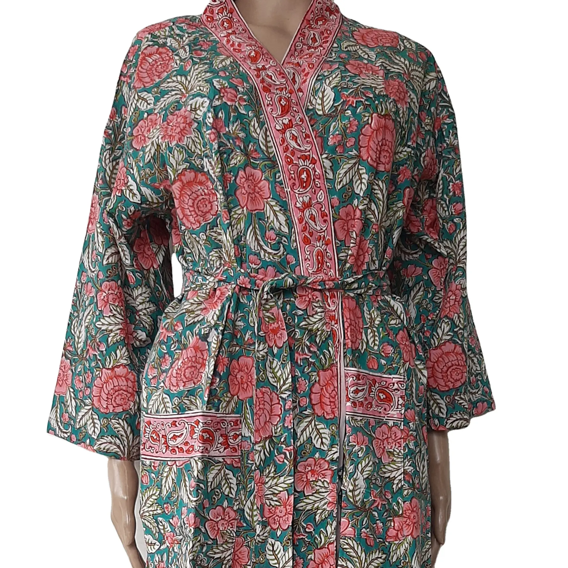 Algodão feminino kimono estilo étnico vintage, estampa floral longo, casual kimono, tops, roupa de dormir, estampa mini