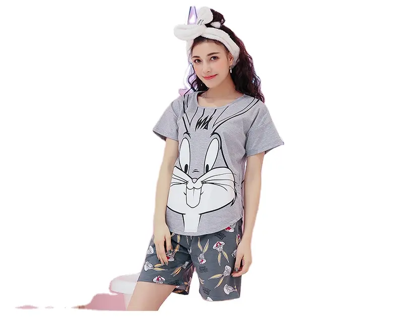 short pants + short sleeve tops pajamas sets cotton nightwear big yards M-XXL cartoon pyjamas women summer sleepwear 2pcs/set