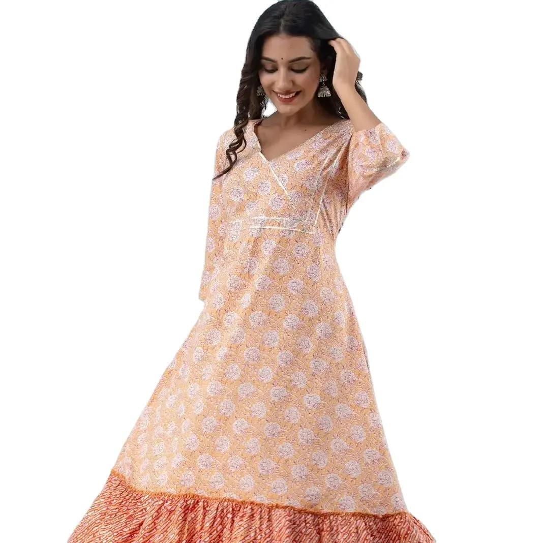 Gaun panjang katun cetak kualitas terbaik dengan renda indah pakaian kerja kasual nyaman longgar cocok untuk anak perempuan dan wanita