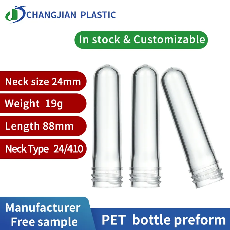 Pemasok botol PCR preform hewan peliharaan 24MM 19g preform transparan untuk produk kosmetik pabrikan Cina