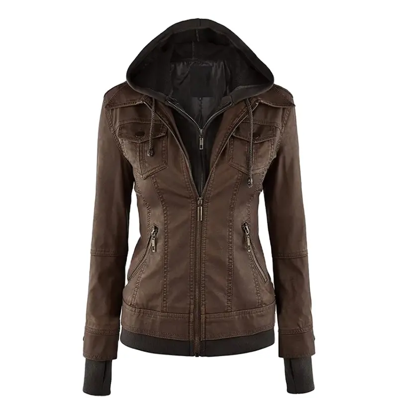 Moda personalizada marrón elegante nuevo diseño premium estilo callejero señoras chaquetas de cuero para mujer