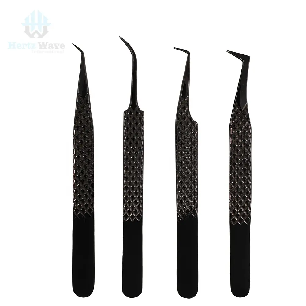 Fiber Tip Eyelash Extension Tweezers Diamond Grip Plasma Black with Private Label Russian Curling Lash Tweezers