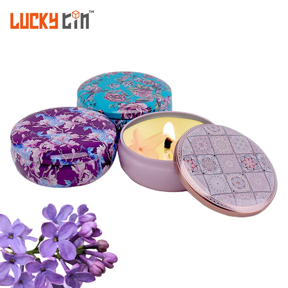 Emballage de pot en fer blanc personnalisé au design de mode boîte/boîte en métal créative violette récipient vide en étain pour bougie ronde