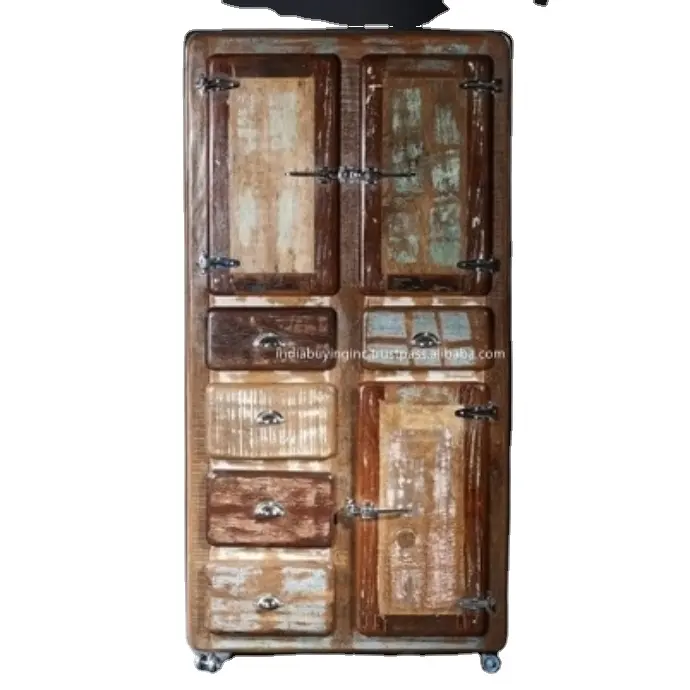 Réfrigérateur indien en bois de bateau recyclé Double partie 4 tiroirs multicolore meilleure qualité armoire de rangement Cum armoire pour la maison