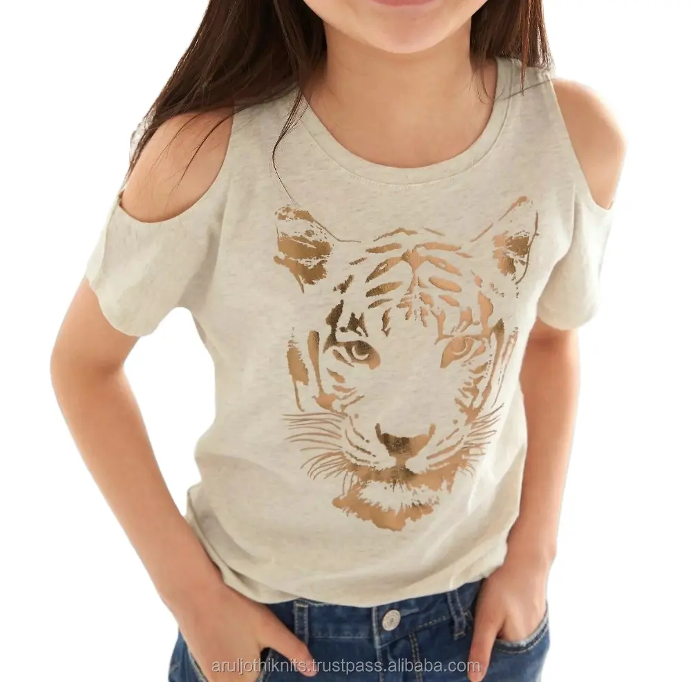 Camisetas de manga corta con hombros descubiertos para niña, ropa estampada de estilo Preppy, servicio OEM ODM, 100% algodón, primavera y otoño