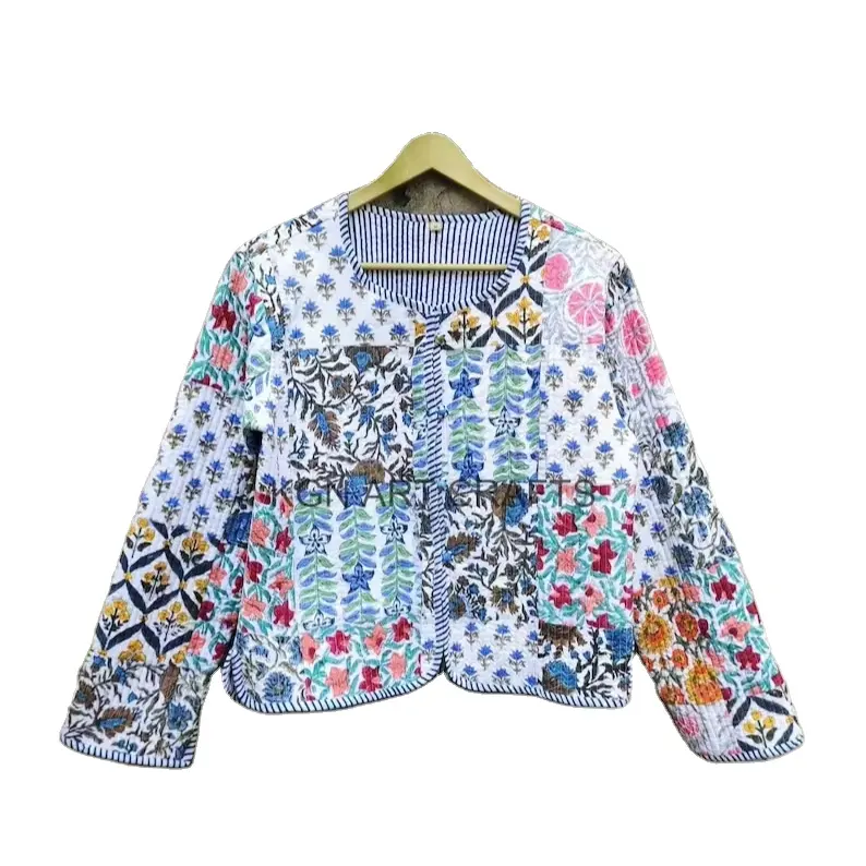 Giacca Kantha cucita a mano Multi colore bianco giacca indiana fatta a mano trapuntata patchwork Patchwork Kimono giacche indiane fatte a mano