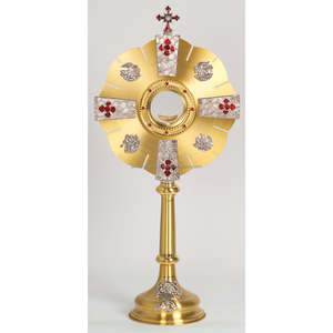 Mat ve nikel kaplama bitirme ile pirinç Monstrance yuvarlak şekil kabartmalı tasarım kırmızı boncuk kakma ile ekran için yüksek kalite - Product Image 1