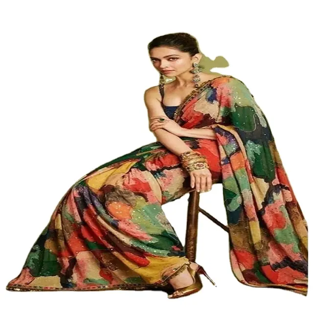 Georgette saree blusa feminina, bordada, estilo indiano, para festa de casamento, coleção sari