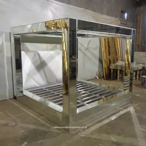 Mirrored Canopy Bed Frame Finished in Glass Panels and Silver Wood for Luxury Modern Bedroom Furniture