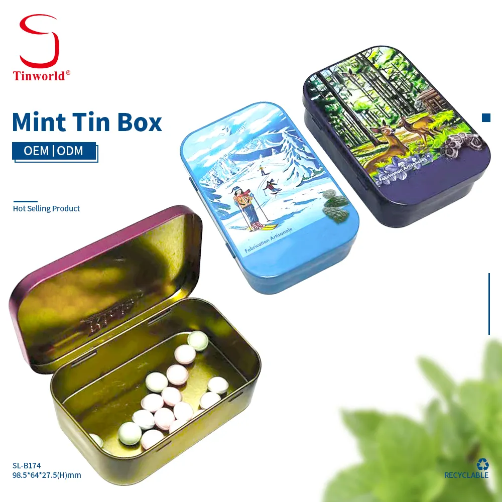 Wholesale Custom Tinplate Candy Tray Rectangle Shaped Metal Mint Thin Can Flip Hinge Tin Snuf Box For Mint