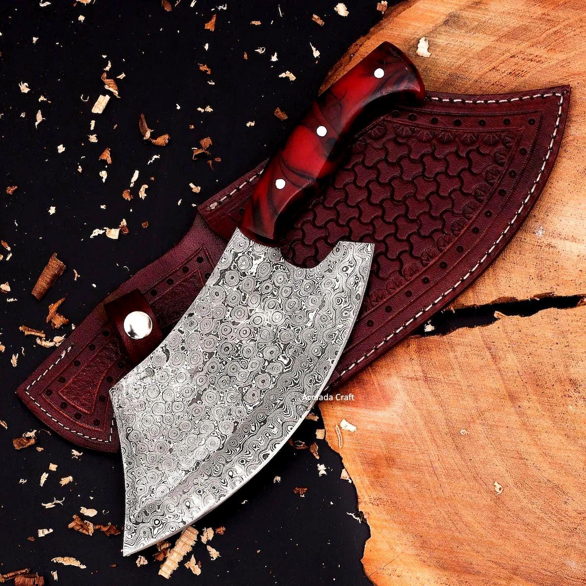 Damascus Steel & Red Handle