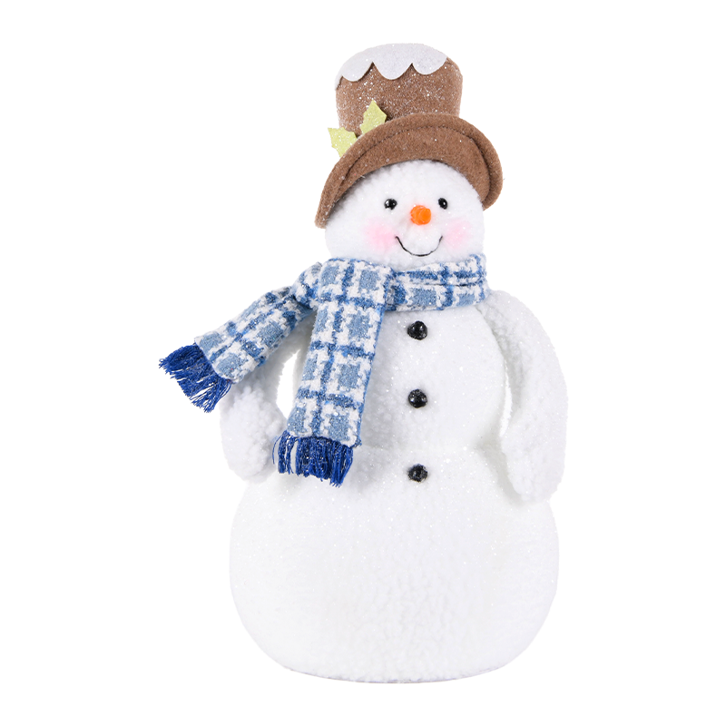 Cappello marrone, sciarpa blu, pupazzo di neve