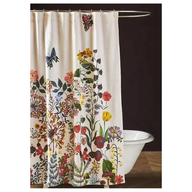 Cortina de baño con diseño de mariposa hermosa blanca, tapicería de tela impermeable de poliéster bordada para ducha Simple con ganchos