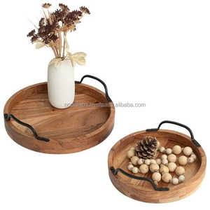 Modern European Luxury Living Room Display Serving <strong>Trays</strong> Round Acacia Wood and <strong>Gold</strong> with Elegant <strong>Pattern</strong> for Tea Serving - Product Image 6