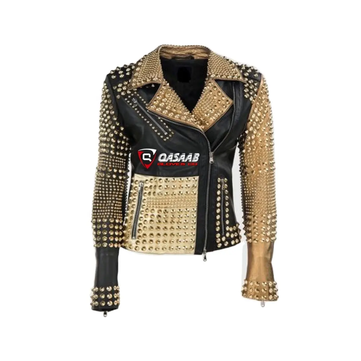 Women Punk Leather PU Black Jacket Studded Rivet Fashion Street-wear Motorcycle Coat Qasaab Gloves Company