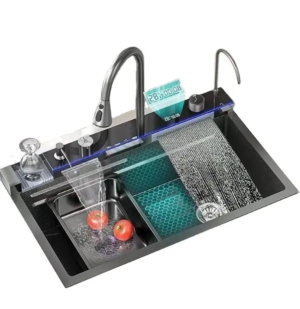 Modernes schwarzes Honig kamm dekor fliegender Regen wasserfall Smart Kitchen Sink mit Glas waschanlage Schweißen Quadrat Single Bowl 5 Jahre