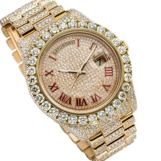 Venda VVS Moissanite Relógio de diamante masculino 41mm pulseira presidente mostrador champanhe atacado relógios de quartzo hip hop local genuíno