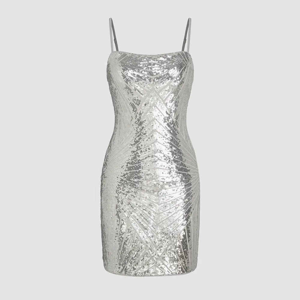SD006 mini robe à col carré à paillettes métalliques personnalisées fermeture à glissière au dos motif géométrique femmes robe à paillettes métalliques sexy