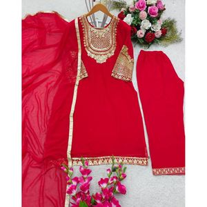 FASHIONABLE GEORGETTE EMBROIDERY SEQUENCE WORK TOP <strong>BOTTOM</strong> WITH DUPATTA RED - Product Image 2