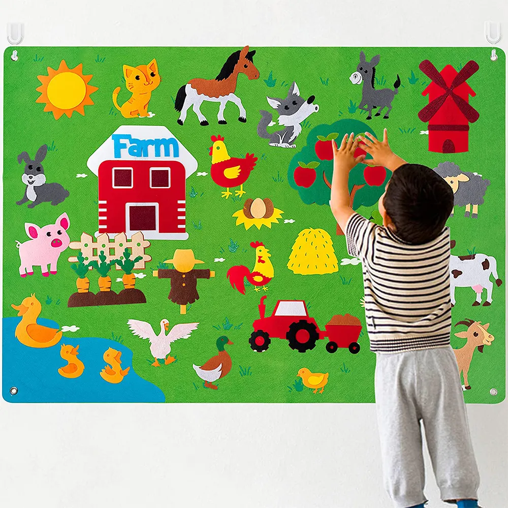 Tablero de juguetes de Educación Científica para niños Upin, tablero de Historia de fieltro con tema de animales de granja para colgar en la pared