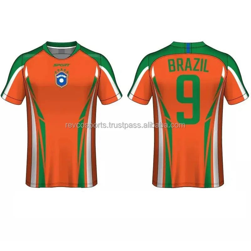 Camisa de futebol laranja e verde sublimada novo design com logotipo personalizado gratuito camisas de futebol roupas de time de futebol