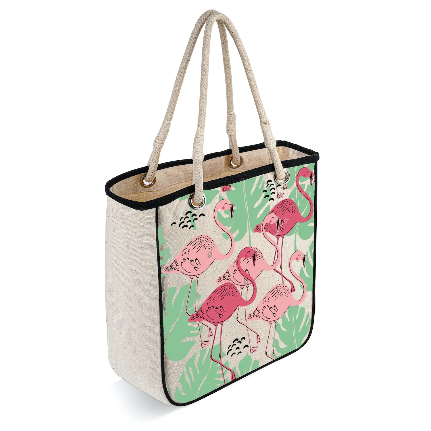 Bolsa de lona orgánica reciclada con logotipo de diseño personalizado bolsa de algodón de playa con asa de cuerda y ojal